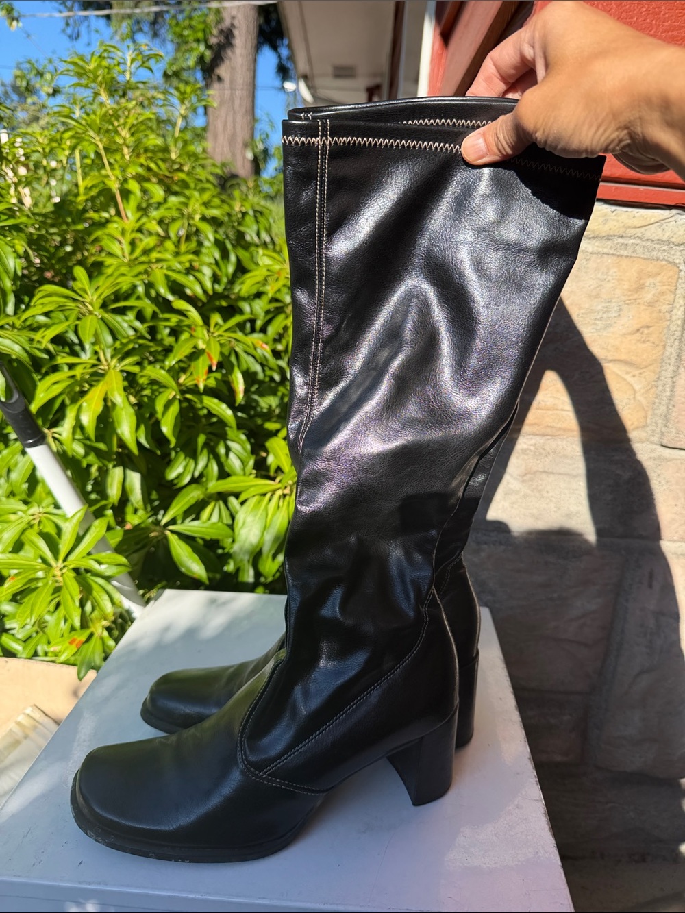 Black knee high Women's Leather Block 1.5” Heel Boots